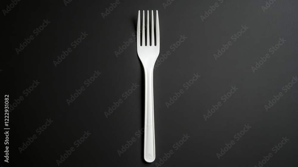 Disposable white plastic fork on a black background with ample empty space for text or design elements in advertising or marketing. Disposable white plastic fork on a black background with ample empty space for text or design elements in advertising or marketing.