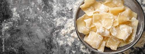 Dough pieces straining in a sieve with flour dust on a textured surface and ample space for recipe or branding text