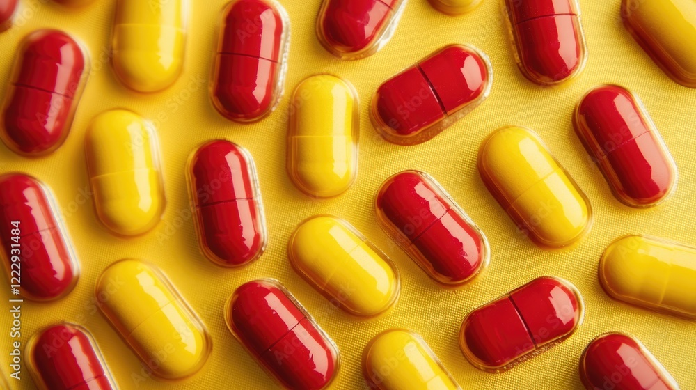 Close up view of colorful yellow and red omega 3 fish oil capsules on blister pack with empty space for health and wellness text