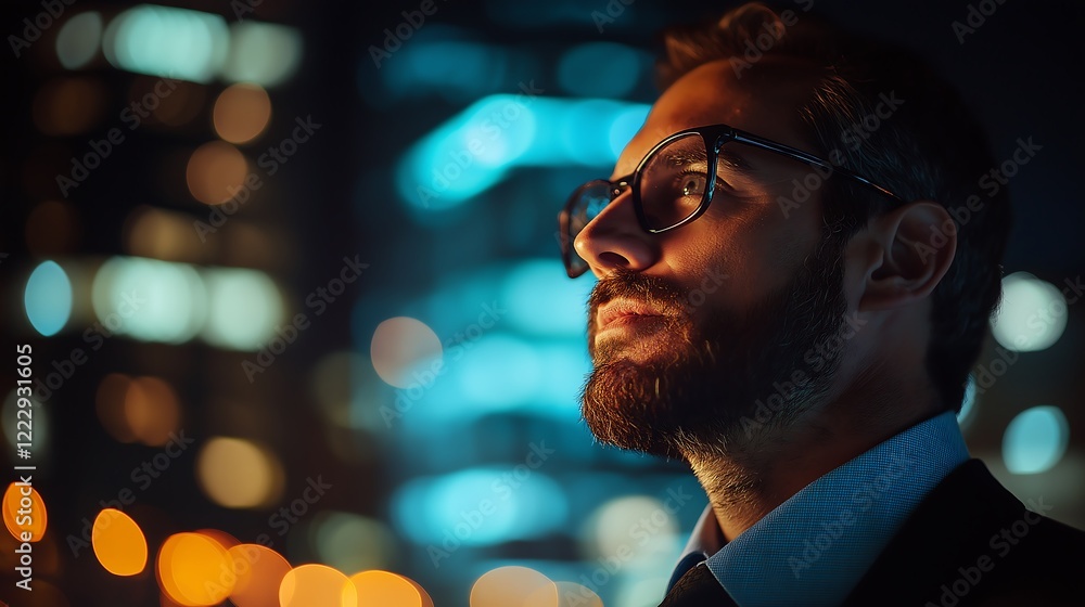 Side Profile Portrait of a Bearded Man Wearing Glasses, Illuminated by Neon Lights Against a Dark Background with Cinematic Bokeh Effects Side Profile Portrait of a Bearded Man Wearing Glasses, Illuminated by Neon Lights Against a Dark Background with Cinematic Bokeh Effects