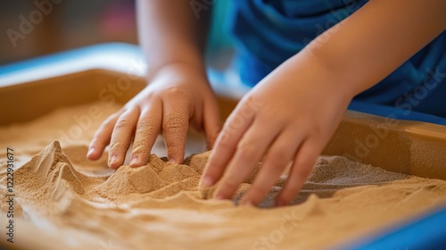 Close up of a child exploring a sand tray for play therapy highlighting sensory engagement and creativity with blank space for text