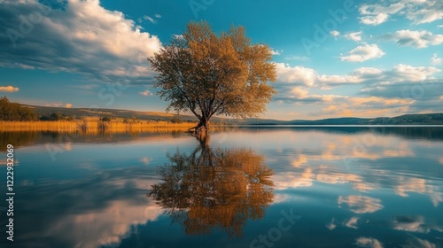 Beautiful sunset over still lake with solitary tree and vibrant reflections in water