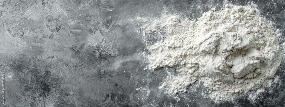 Obraz premium Dough and flour spread on a grey marble surface with blank space for culinary text or recipe instructions in a food photography setting