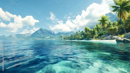 Crystal clear turquoise water gently laps the shore of a tropical beach lined with palm trees, with majestic mountains rising in the distance under a bright blue sky photo