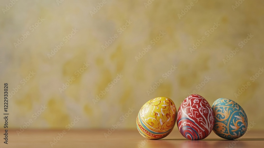 Fototapeta premium Vibrant Easter eggs arranged on a wooden table against a soft yellow background with space for personalized text or messages