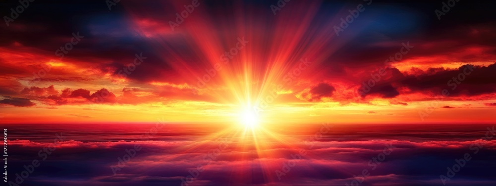 Naklejka premium Vibrant sunset with dark clouds and radiant sun rays creating a picturesque landscape and ample space for text overlay.