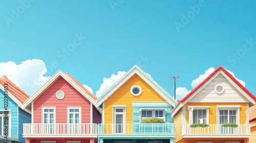 Colorful Traditional Wooden Houses in Affluent Suburban Neighborhood Under Clear Blue Sky with Empty Space for Text