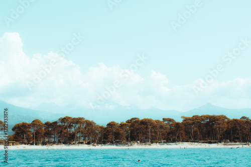 Côte Corse avec mer Méditerranée bleue azur, plage et ciel bleu dégagé en pleine vacances d'été