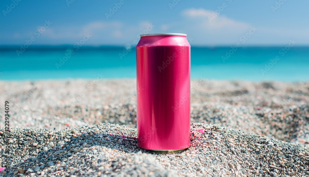 Pink aluminum can on gravel beach. Beer or soda drink package. Blue sea or ocean on backdrop Pink aluminum can on gravel beach. Beer or soda drink package. Blue sea or ocean on backdrop