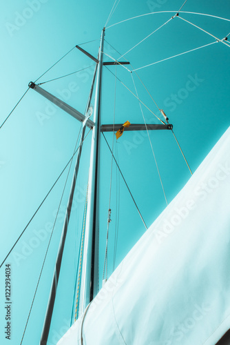 Grand mât de bateau à voile sur ciel bleu azur dégagé, vacances sur la mer Méditerranée, grand luxe
