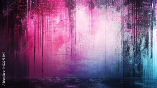 Abstract digital background featuring coding data streams with vibrant pink and blue gradients and ample empty space for overlay text.