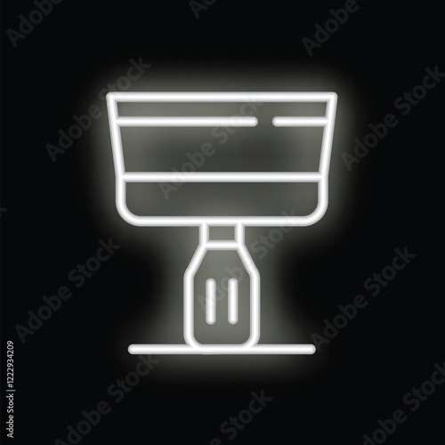 White neon putty knife glowing on black background, construction tool icon