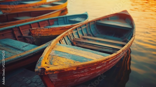 Wallpaper Mural Colorful wooden fishing boats at sunset creating a vibrant coastal scene with tranquil water and open space for text or branding Torontodigital.ca