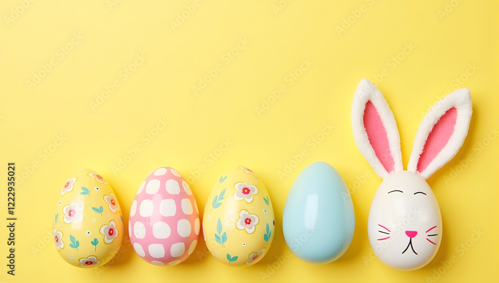 Bunny face and decorated eggs on yellow background with copy space available for text or graphics – Perfect for Easter celebrations and spring decoration Bunny face and decorated eggs on yellow background with copy space available for text or graphics – Perfect for Easter celebrations and spring decoration