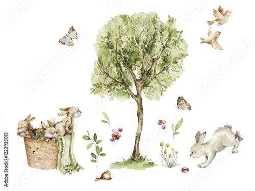 Watercolor nursery woodland composition with characters. Hand painted cute baby animals in wild, forest summer landscape, tree, birds, bunny, rabbit. illustration for baby shower, kids print