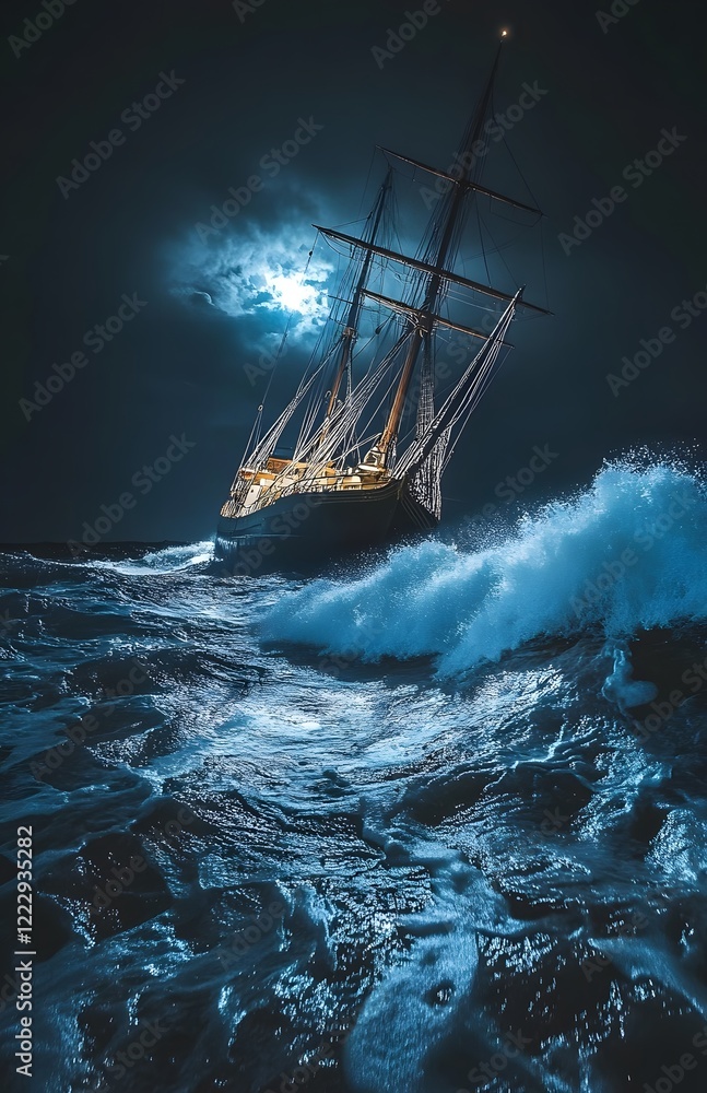 Obraz premium Gallant Ship Braving Tumultuous Midnight Sea in Stormy Seascape
