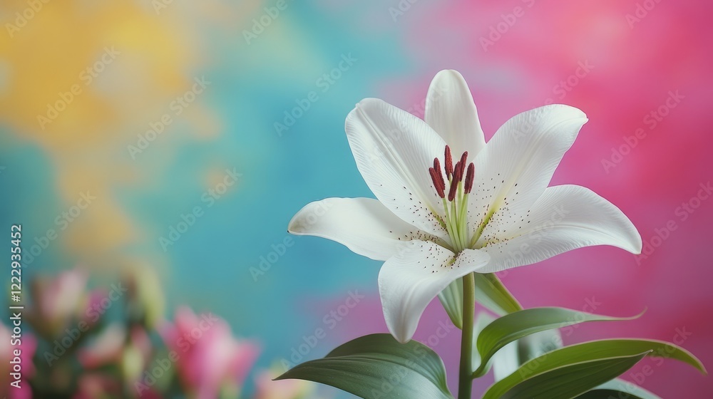Fototapeta premium Vibrant white African lily flower against a colorful garden backdrop with ample space for text and design elements.