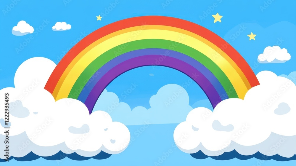 Colorful Rainbow Arching Over Fluffy White Clouds in Blue Sky Colorful Rainbow Arching Over Fluffy White Clouds in Blue Sky