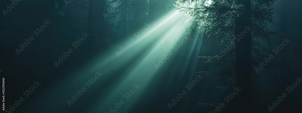 Obraz premium Mysterious forest scene with dramatic light rays illuminating dark surroundings and ample space for text or creative content