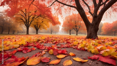 Vibrant autumn foliage blankets a park path, with red and gold leaves scattered beneath majestic trees in a misty morning scene.
