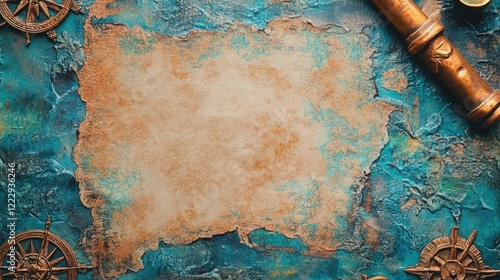 Fototapeta Naklejka Na Ścianę i Meble -  Vintage treasure map background with travel elements and blank parchment space for text on a textured blue and brown surface