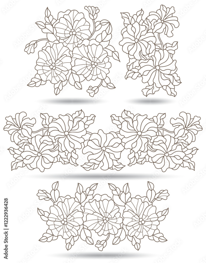 custom made wallpaper toronto digitalA set of contour illustrations in the style of stained glass with compositions of petunias and pansies, flowers isolated on a white background