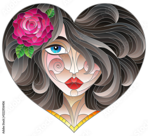 A stained glass illustration with a portrait of a girl with bright hair and a heart-shaped rose