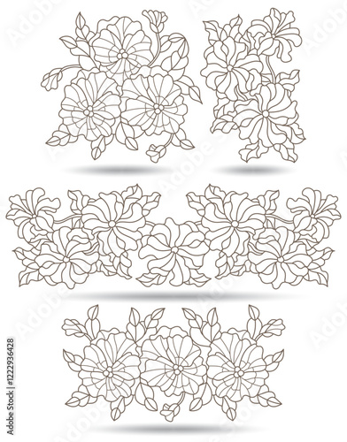 Wallpaper Mural A set of contour illustrations in the style of stained glass with compositions of petunias and pansies, flowers isolated on a white background Torontodigital.ca