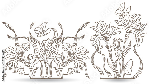 A set of contour illustrations of stained glass Windows with irises in frames, dark contours on a white background