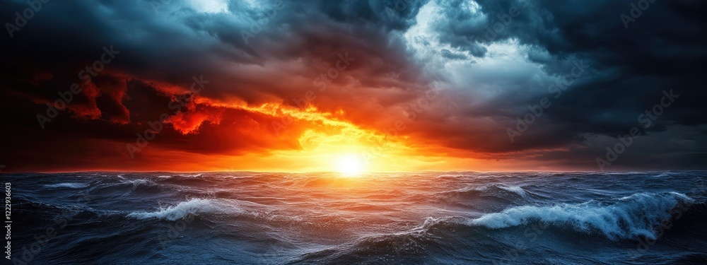 Obraz premium Serene ocean sunset with dark clouds and vibrant colors creating a dramatic atmosphere perfect for inspirational text or backgrounds.