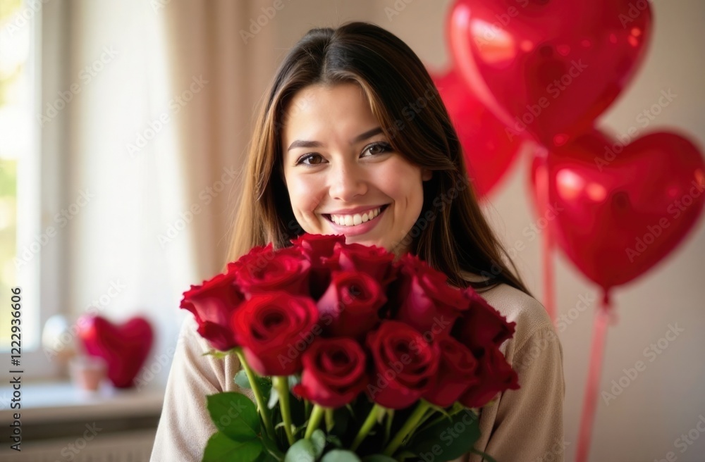 Happy girl hugging bouquet of red roses against background of heart-shaped balloons in apartment. Valentine's day, women's day, bouquet and flower delivery, flower gifts, business, romance services Happy girl hugging bouquet of red roses against background of heart-shaped balloons in apartment. Valentine's day, women's day, bouquet and flower delivery, flower gifts, business, romance services