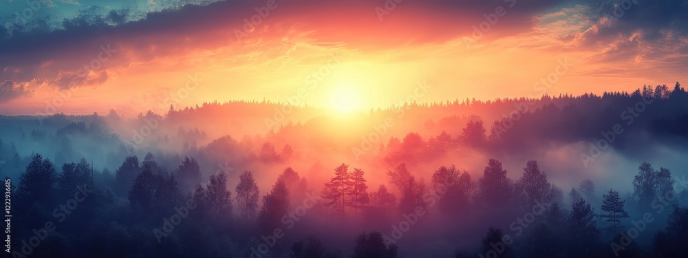 Obraz premium Dramatic sunset illuminating a tranquil forest landscape with expansive copy space for text and atmospheric mist.