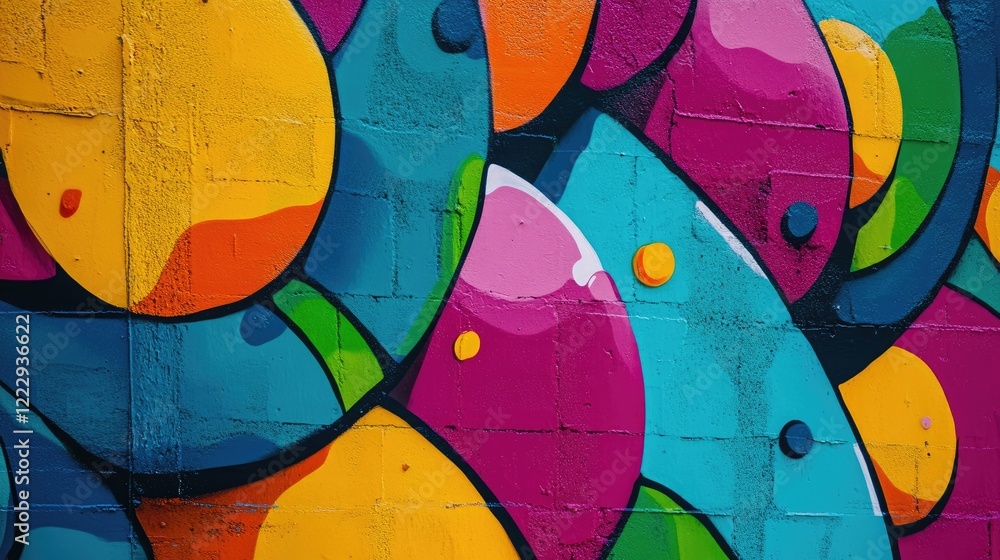 Fototapeta premium Vibrant colorful mural artwork with abstract shapes and empty space for creative text or advertising message