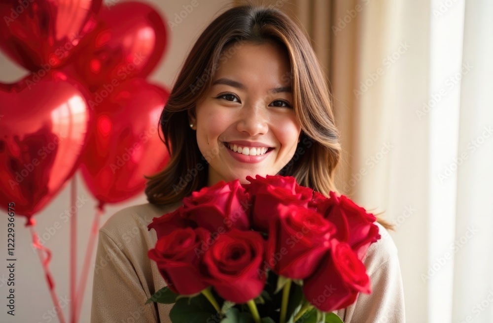 Happy girl hugging bouquet of red roses against background of heart-shaped balloons in apartment. Valentine's day, women's day, bouquet and flower delivery, flower gifts, business, romance services Happy girl hugging bouquet of red roses against background of heart-shaped balloons in apartment. Valentine's day, women's day, bouquet and flower delivery, flower gifts, business, romance services