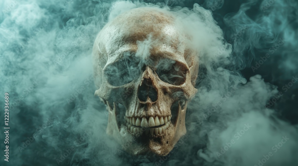 This striking image features a realistic human skull emerging from a cloud of ethereal smoke, creating an atmosphere of mystery and intrigue in a dark setting. This striking image features a realistic human skull emerging from a cloud of ethereal smoke, creating an atmosphere of mystery and intrigue in a dark setting.