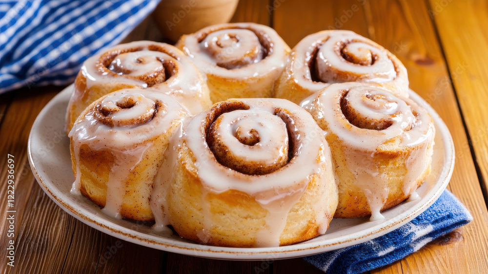 Freshly baked cinnamon rolls on rustic plate, drizzled with icing, evoke warmth and comfort Freshly baked cinnamon rolls on rustic plate, drizzled with icing, evoke warmth and comfort