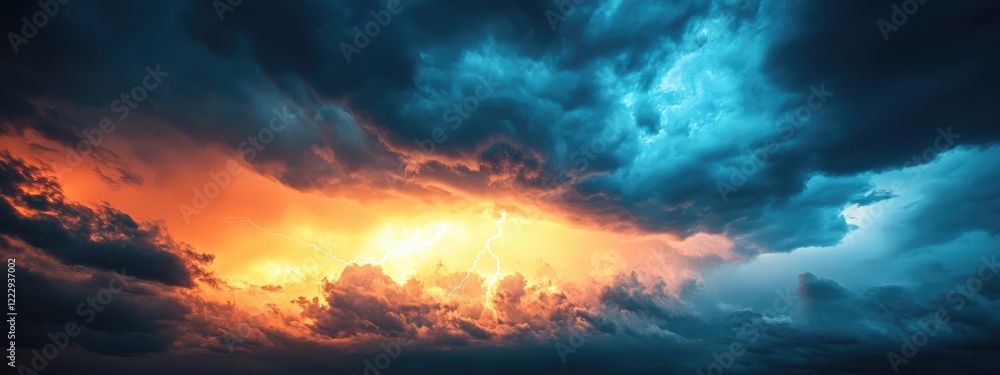 Fototapeta premium Dramatic Thunderstorm Sky with Lightning and Vibrant Colors Ideal for Background Text Placement