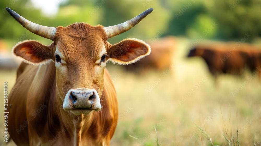 Happy Cows and Bulls Grazing in Pasture with Lush Green Background and Empty Space for Custom Text or Advertising Content Happy Cows and Bulls Grazing in Pasture with Lush Green Background and Empty Space for Custom Text or Advertising Content
