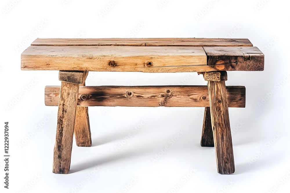 Handcrafted Primitive Wooden Table with Mismatched Sawhorses on White Background Handcrafted Primitive Wooden Table with Mismatched Sawhorses on White Background