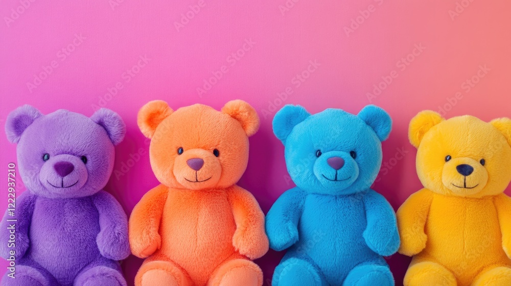 Cheerful colorful teddy bears against a vibrant background with ample space for text and creative design elements Cheerful colorful teddy bears against a vibrant background with ample space for text and creative design elements