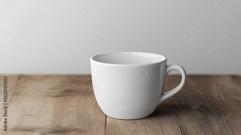 Closeup of a minimalist white ceramic coffee cup on a rustic wooden table with ample empty space for text or branding purposes Closeup of a minimalist white ceramic coffee cup on a rustic wooden table with ample empty space for text or branding purposes