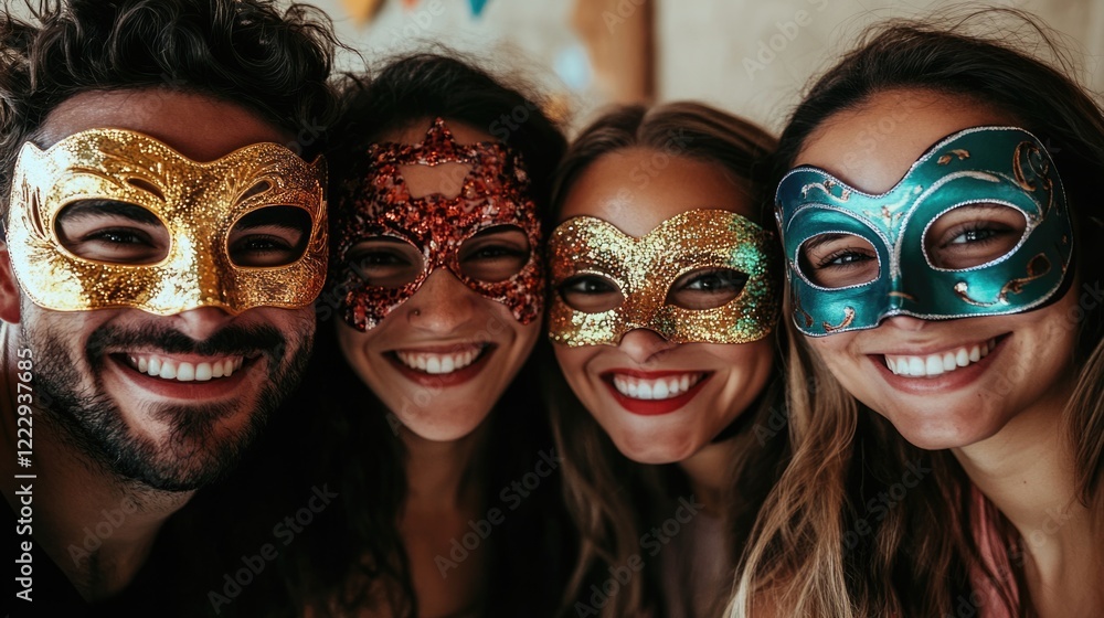 Obraz premium Happy group of friends wearing colorful Venetian masks enjoying a festive celebration with space for your custom text or message