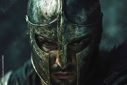 Close-up portrait of a spartan warrior wearing a metal helmet, his intense gaze fixed ahead, prepared for imminent battle, conveying strength, courage, and determination photo