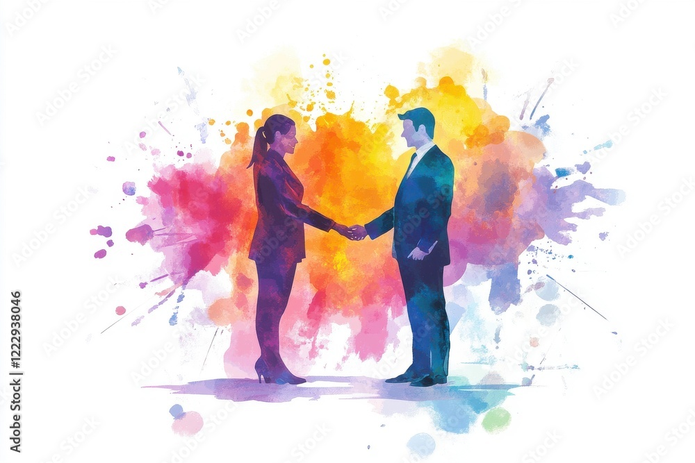 Fototapeta premium A vibrant watercolor illustration of a man and woman shaking hands, surrounded by colorful splashes, symbolizing connection and collaboration.