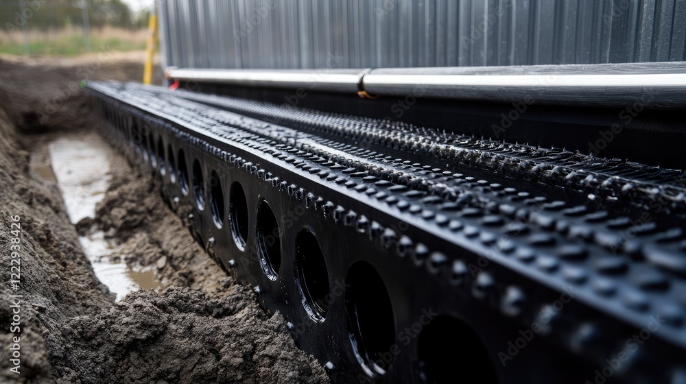 Obraz premium Installation of black drainage pipes in a trench with focus on texture and depth showcasing construction process and empty space for text