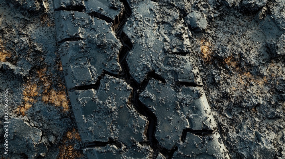 Fototapeta premium Close-Up of Weathered Vehicle Tire Tread on Muddy Ground with Blank Space for Custom Text Overlay