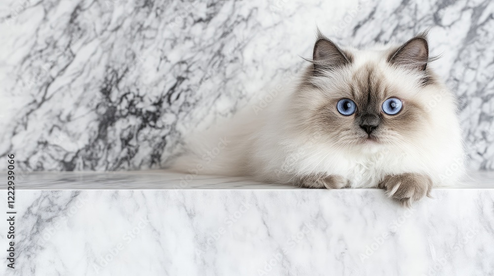 Fototapeta premium Himalayan cat portrait on marble background with ample empty space for text and advertising use in a studio setting.