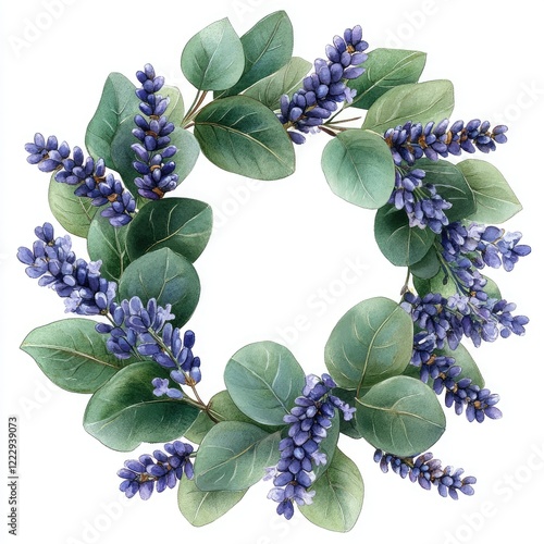 A vibrant floral wreath featuring purple blossoms and green leaves, perfect for decorative use