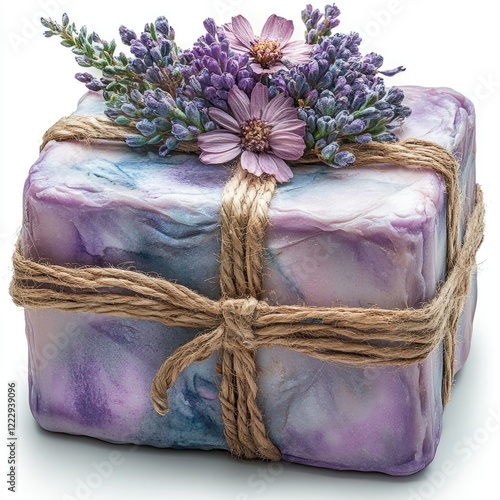 A beautifully wrapped gift box adorned with lavender flowers and twine, set against a clean background