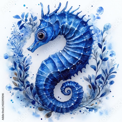 Vibrant blue seahorse illustration surrounded by delicate foliage, showcasing marine beauty and artistry